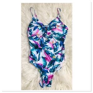 George Tropical Print One Piece Swimsuit White Pink Green Size Small Petite